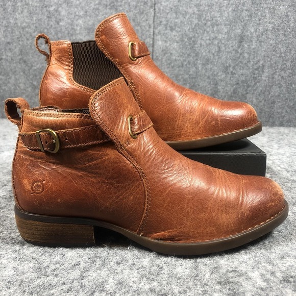 Born Brown Leather Ankle Booties Womens 7.5 M Buckle Strap Low Heel Boots